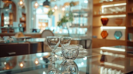 Fototapeta premium Elegant glassware on a reflective table in a modern kitchen