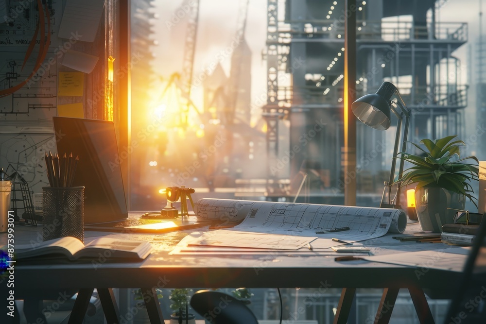 Poster architect project desk with mining light in construction site, featuring generative ai