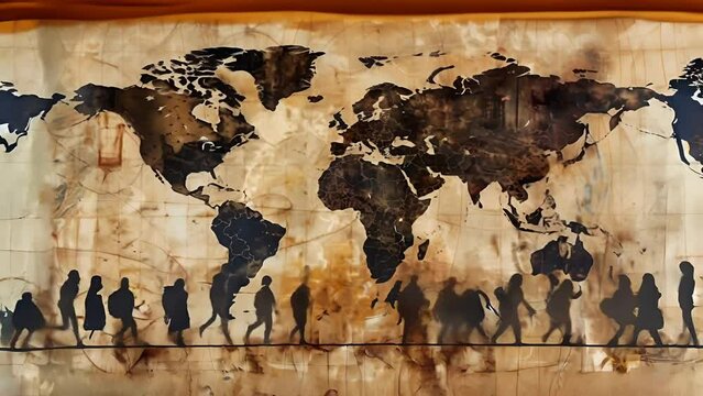 Silhouettes of people carrying belongings on the background of the world map	

