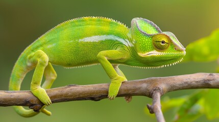 Obraz premium A green lizard is perched on a branch. The lizard is green and has a yellow head