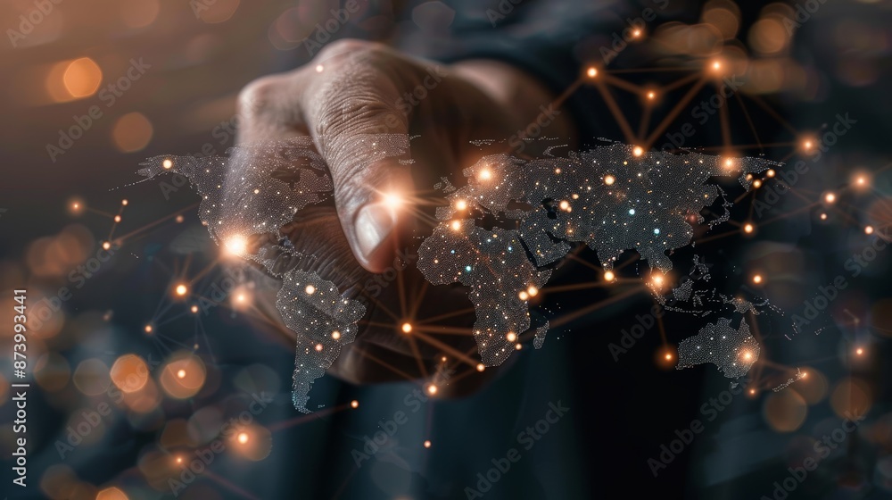 Poster businessman touching global map network and data exchanges over the world, business connection and i