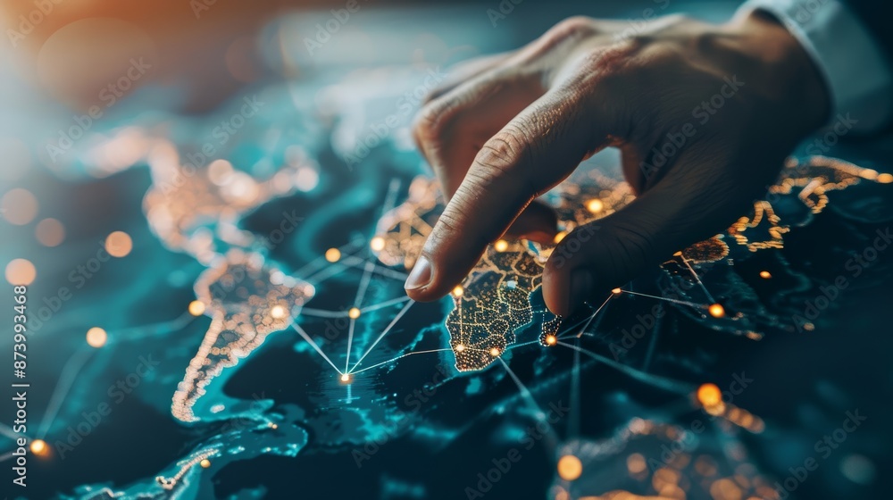 Poster businessman touching global map network and data exchanges over the world, business connection and i