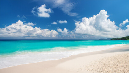 Fototapeta premium White sand beach and blue ocean shore. Turquoise waters and blue sky with white clouds.