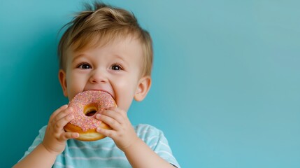 A young child is eating a donut with sprinkles. Concept of innocence and joy, as the child is enjoying a simple pleasure in life
