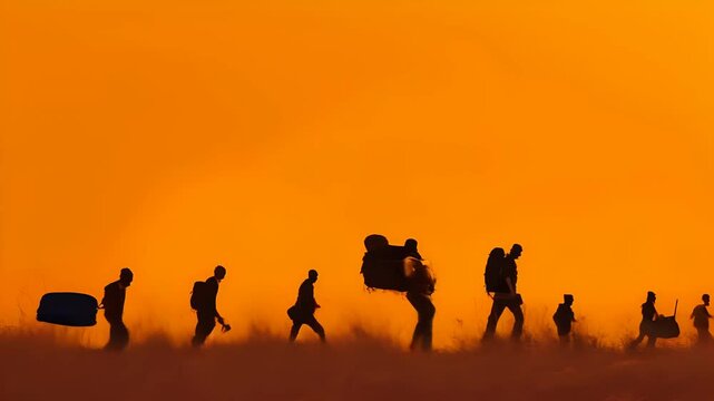 International migrants day banner with silhouettes of people carrying belongings on a orange background
