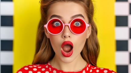A woman with red glasses and red lipstick is making a surprised face. The image has a bright yellow background and black and white stripes