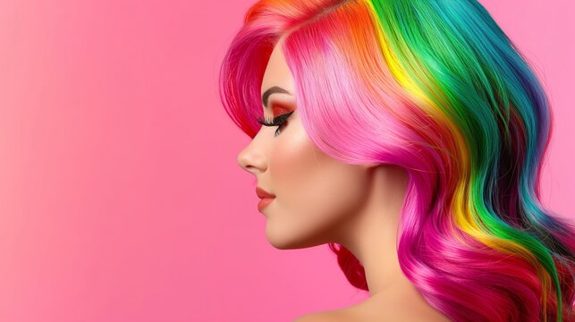 A woman with rainbow colored hair is standing in front of a pink background. The hair is long and colorful, and the woman's face is well-defined. Concept of vibrancy and individuality