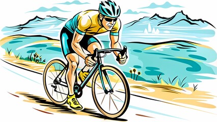 Fototapeta premium Cyclist in Full Sprint: Capturing the Intensity of Road Racing, perfect for sports magazines, cycling training guides, promotional materials for bicycle races, or motivational content for athletes.