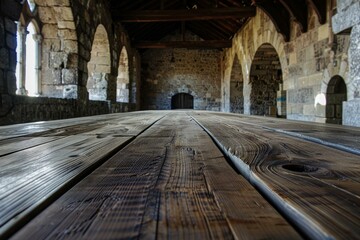 Low angle view of a rustic wooden table in a stonewalled medieval castle hall