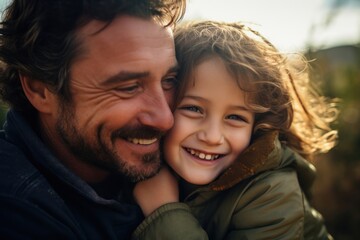 Obraz premium Happy family daughter hugs his dad on holiday photography laughing portrait.