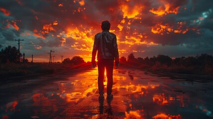 Obraz premium Man Standing on Wet Road at Sunset with Dramatic Sky - Generative AI
