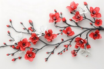 Close-up of delicate red and white cherry blossoms on branches, showcasing natural beauty