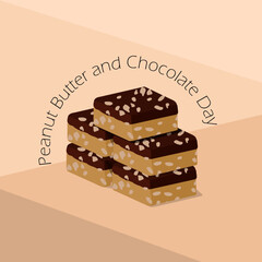 Peanut Butter and Chocolate Day event food banner. Chocolate peanut butter cakes stacked on table on light brown background to celebrate on July 23rd