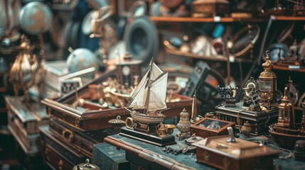 Antique market with various vintage items on display