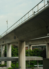 Highway bridge over the road in the city with blue sky and trees