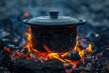 A black pot simmers on an open flame among glowing embers in a rustic outdoor setting, capturing the essence of traditional cooking methods and the warmth of fire.