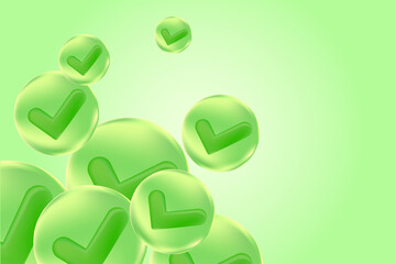 Eco green 3d Check mark realistic success icon. Trendy glass texture checkmark, select ecological icon with green background. Green yes button. 3d illustration for web, design