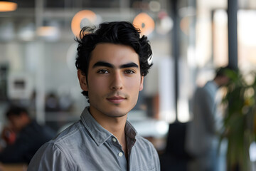Obraz premium A dynamic portrait of a young male entrepreneur, looking focused, with a startup office setting in the background.