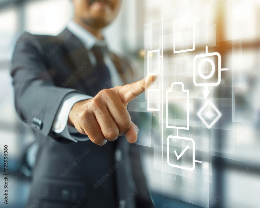 Poster businessman approving document on virtual screen for business workflow and project authorization