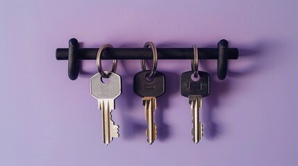 Metal Keys Hanging on Black Key Holder Against Purple Wall – Minimalist Concept of Security, Property Ownership, Real Estate Access, and Home Protection
