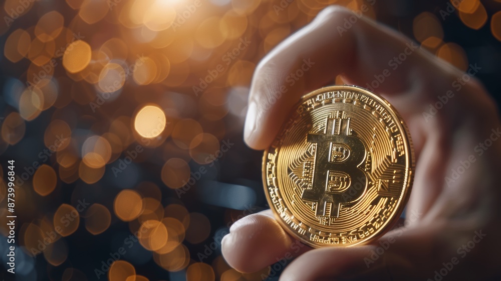 Poster close up of hand holding physical bitcoin on digital backdrop with customizable text space
