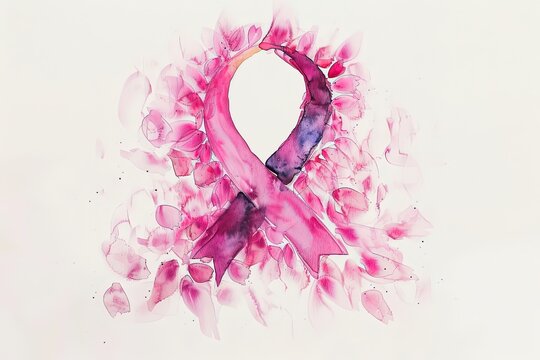 Ruban rose entour&eacute; de p&eacute;tales rose et violet aquarelle, symbolisant la lutte contre le cancer du sein