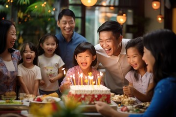 Fototapeta premium Birthday party of Vietnamese kid cake blowing dessert.