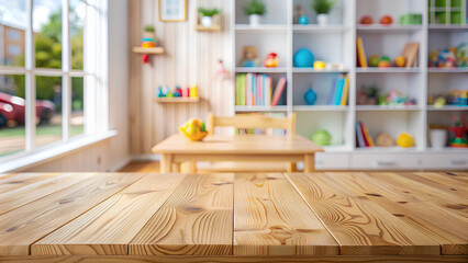 Blank wooden table top on blurred Interior of light playroom with toys in kindergarten background