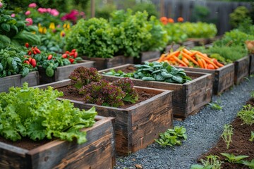 Fresh Green Lettuce Growing in Wooden Raised Garden Beds