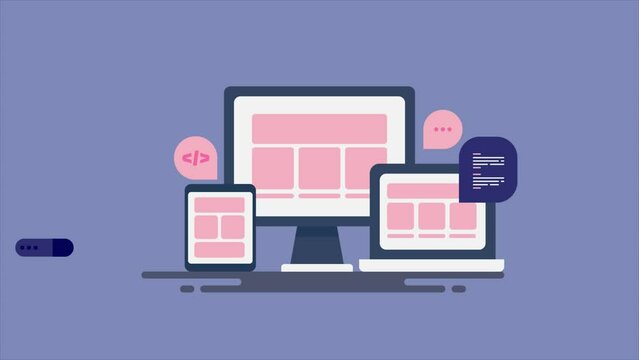 Responsive web design with coding and programming, web application development information technology video animation.