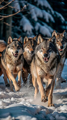 Naklejka premium a wolf pack running through a snowy forest
