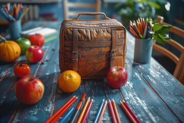 A lunchbox surrounded by apples and an orange on a rustic wooden table, featuring colorful pencils and books, creating a warm and inviting educational environment.
