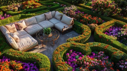 Obraz premium A unique aerial perspective of a garden with interlocking hedge patterns and a secluded sitting area, featuring a soft fabric sofa set and a decorative metal table, nestled among vibrant flowers.