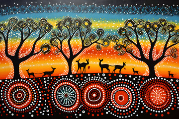 Obraz premium Harmony of Life: Embodying Aboriginal Tribe's Connection with Nature through Dot Art