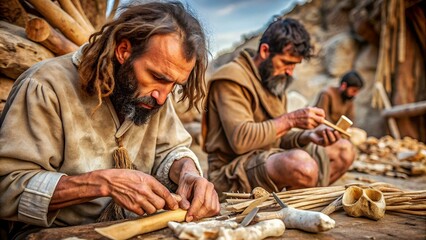 Macro Craft Paleolithic Hunters Utilizing Bone Awls Leatherworking Detailed Macro Focus on Toolwork