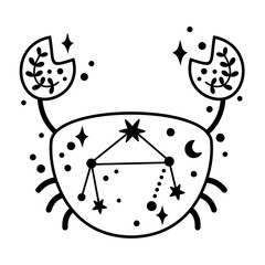 Black and white ocean animal. Boho crab clipart in flat style. Celestial Sea animal clipart. Hand drawn vector illustration