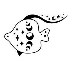 Black and white ocean animal. Boho fish clipart in flat style. Celestial Sea animal clipart. Hand drawn vector illustration