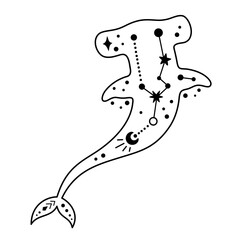 Black and white ocean animal. Boho hammerhead clipart in flat style. Celestial Sea animal clipart. Hand drawn vector illustration
