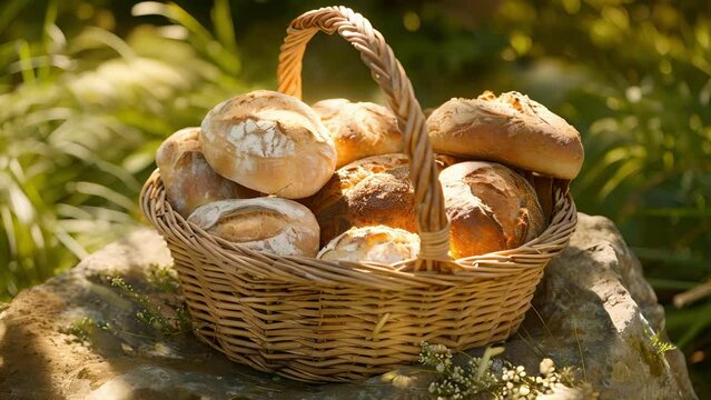 A basket of warm freshlybaked bread made with flour from foraged mountain grains.