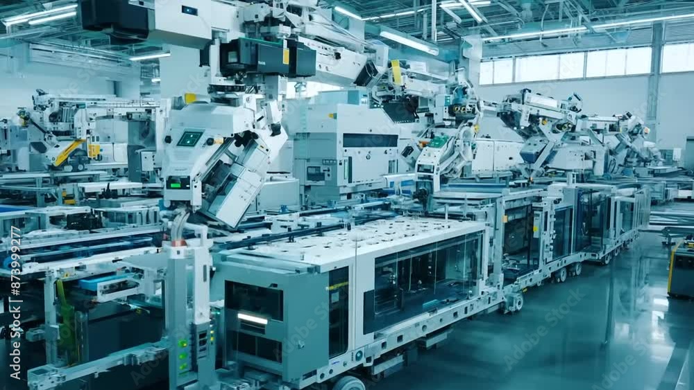 Aufkleber a dynamic scene showcasing robots and automated systems in action within an industrial or technologi