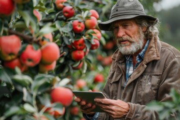 An elder farmer, dressed casually, uses a modern tablet to inspect apples in an orchard, showcasing the fusion of traditional farming with contemporary technology.