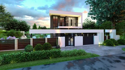 modern house, sunset, two-story house, white house, flat roof house