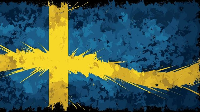 Abstract grunge animated Sweden flag brutal comics style composition background
