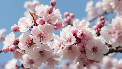 Obraz premium A close-up of a branch of delicate pink cherry blossoms against a clear blue sky.