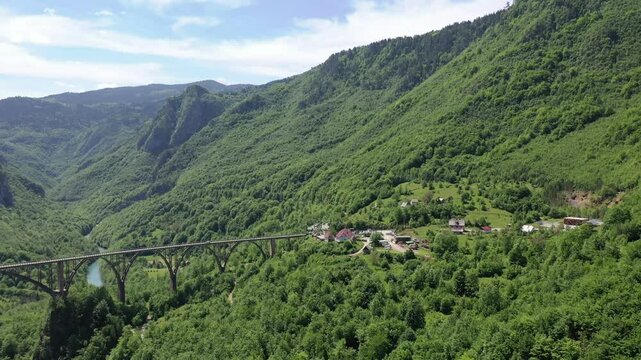 Aerial view on Djurdjevica arch bridge over the Tara River in northern Montenegro,