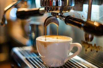 Closeup image of rich espresso being made in a coffee machine, filling a white cup