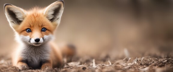 Obraz premium Close-up of an adorable baby fox with large ears, lying down on a blurred natural background. Perfect for wildlife and nature themes.