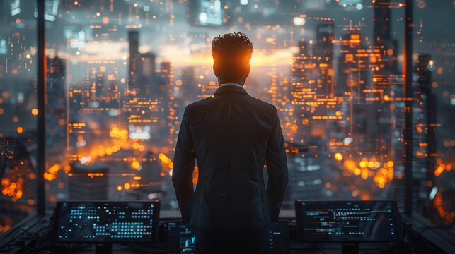 Man in a futuristic office overlooking a city with data and lights - Generative AI
