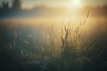 Green grass with dew drops . Summer meadow in the morning. Sun and fog. Generative Ai