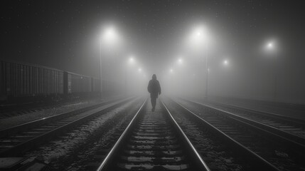 Fototapeta premium A Lone Figure Walking on Train Tracks in a Foggy Night - Generative AI
